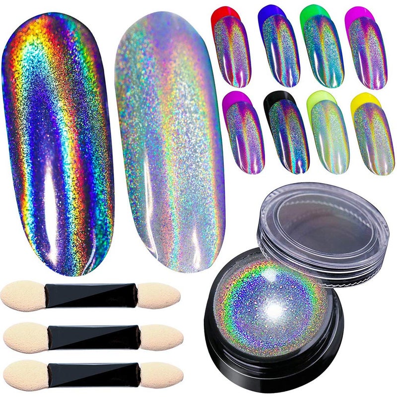 BELLEBOOST Holographic Nail Powder Holo Powders for Nails Chrome Nail Polishing Powder Rainbow Unicorn Mirror Effect Glitter Dust Manicure Pigment Nail Art DIY Deco with Sponge Tool/3pcs, 0.04oz/1g - Image 1